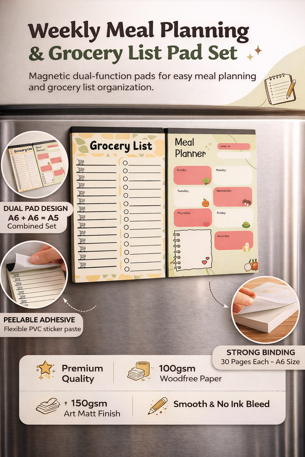 Magnetic Weekly Meal Planner & Grocery List Pad – A5 (2 x A6) | Fridge Magnet | Peelable Sticky Back | 30 Pages Each