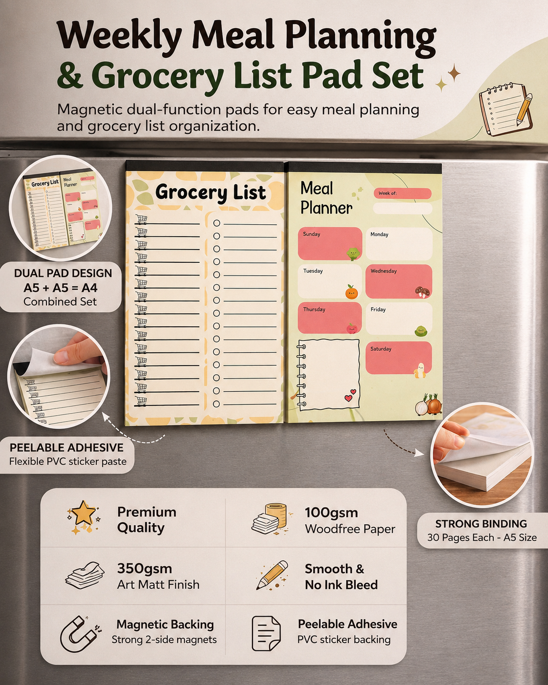 Weekly Meal Planner & Grocery List Pad – A4 (2 x A5) | Fridge Magnet | Peelable Sticky Back | 30 Pages Each